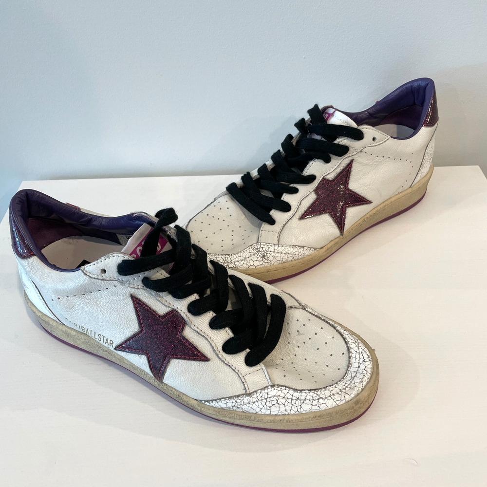 Golden Goose Ball Star Distressed Sneakers White Purple Women's EU 37 (US 7) NEW